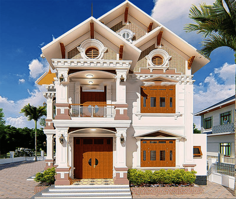 Mẫu nhà 2 tầng đẹp giá 1 tỷ thiết kế mái Thái phong cách tân cổ điển sang trọng, quý phái và bề thế