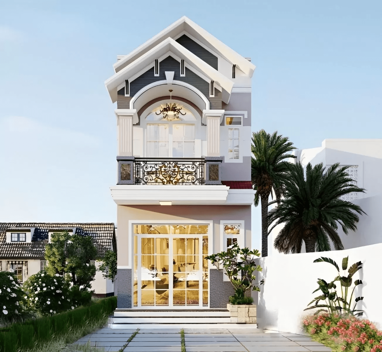 Mẫu nhà 2 tầng đẹp ở nông thôn mái Thái dạng ống với gam màu trung tính đầy thanh lịch và sang trọng